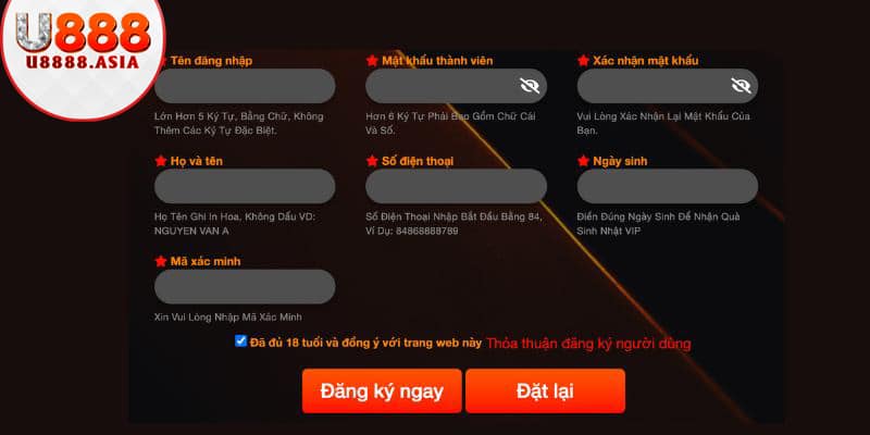 Biểu mẫu đăng ký U888 đơn giản, dễ thao tác